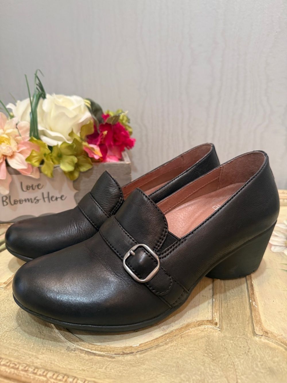 Dansko Rosalie Black Leather Heeled Loafers EU Sz 37